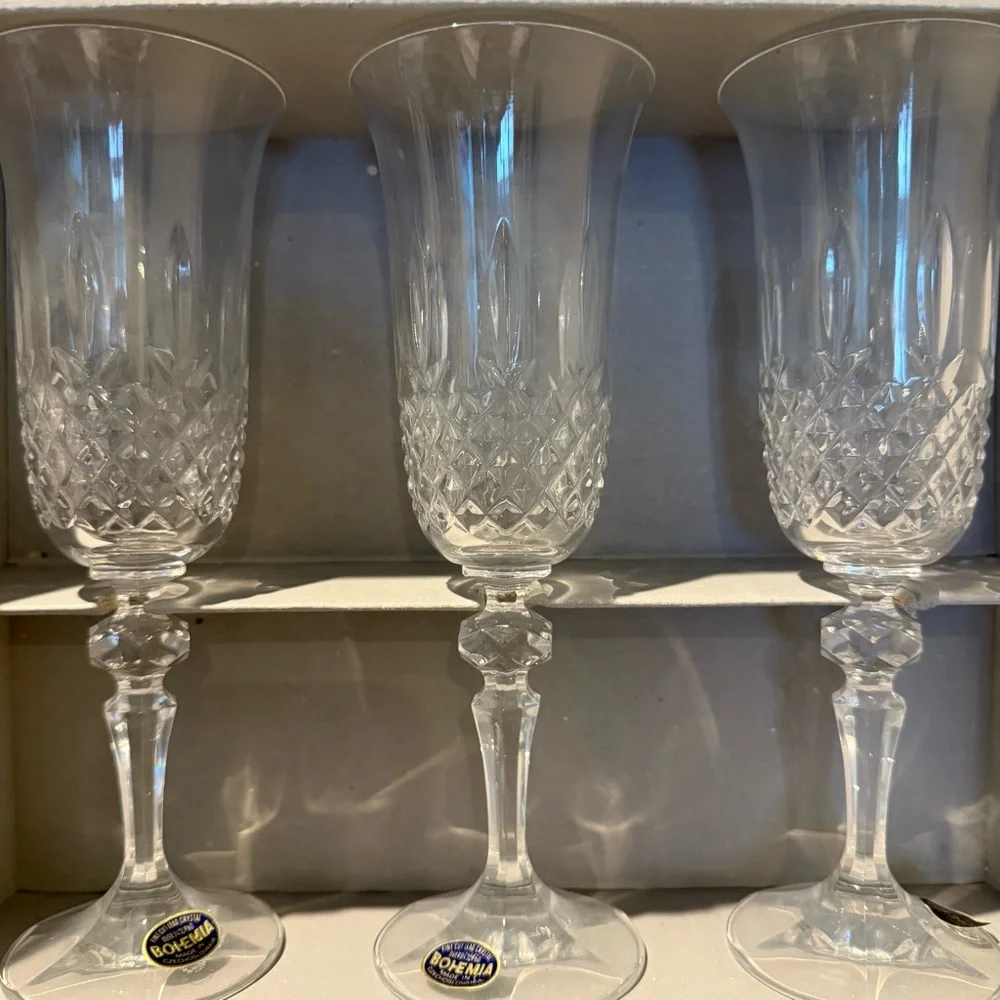 NIB Vintage Bohemia Crystal Czechoslovakia Champagne Flutes
